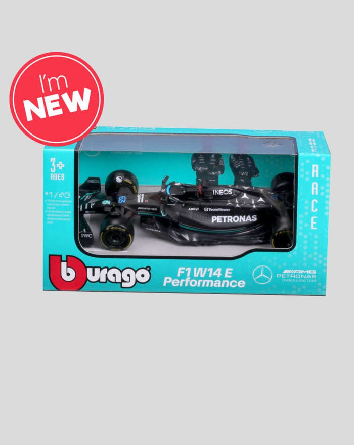 1:43 scale Mercedes F1 W14 2023 Hamilton model car in turquoise dispenser packaging