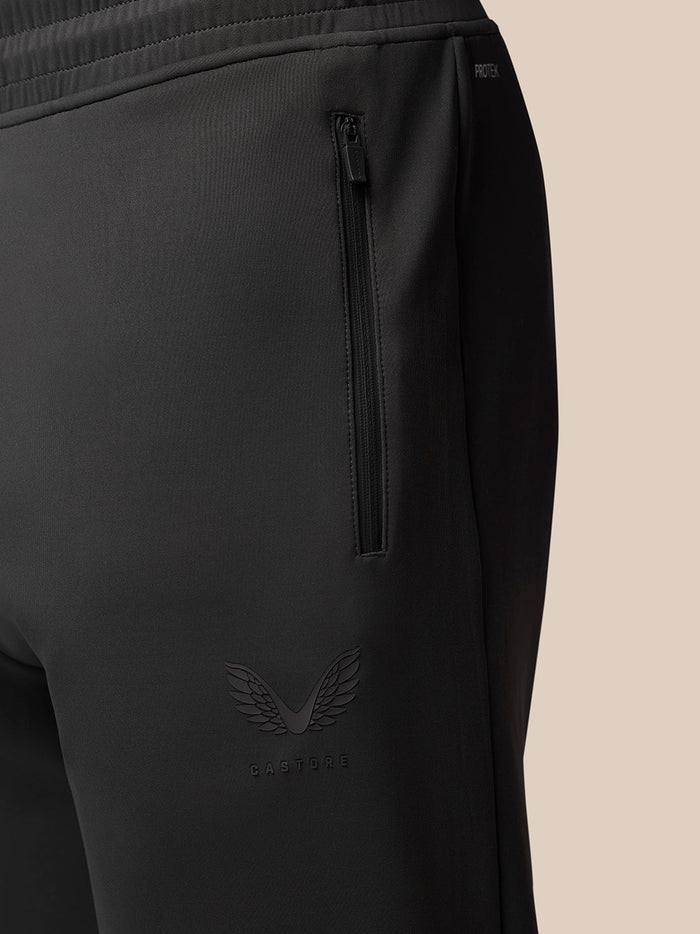 Close up of side zip pocket on charcoal Flex Joggers with Castore emblem.