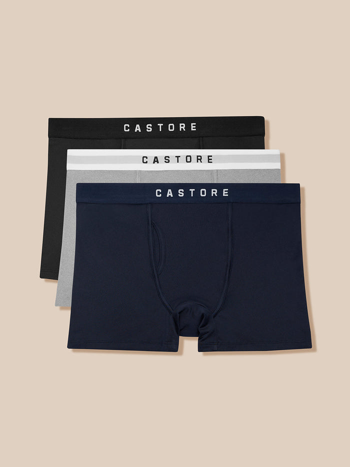 Active 3 Pack Boxers in navy grey and black with Castore branded waistbands.