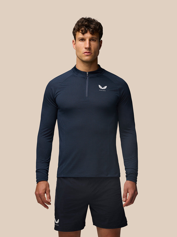 Male model wearing Apex Training 1/4 Zip Top in midnight navy with stand collar and chest branding