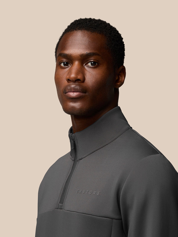 Close-up of upper torso and head of male model wearing charcoal Flex Sweatshirt with high collar and zip