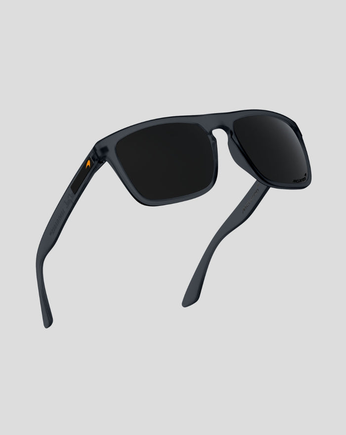 Frosted black SunGod McLaren Renegades Plus sunglasses with dark lenses and Papaya speedmark on temple
