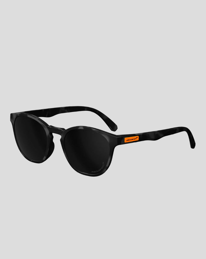 SunGod x McLaren Core Miras sunglasses in black with round lenses and orange temple badge