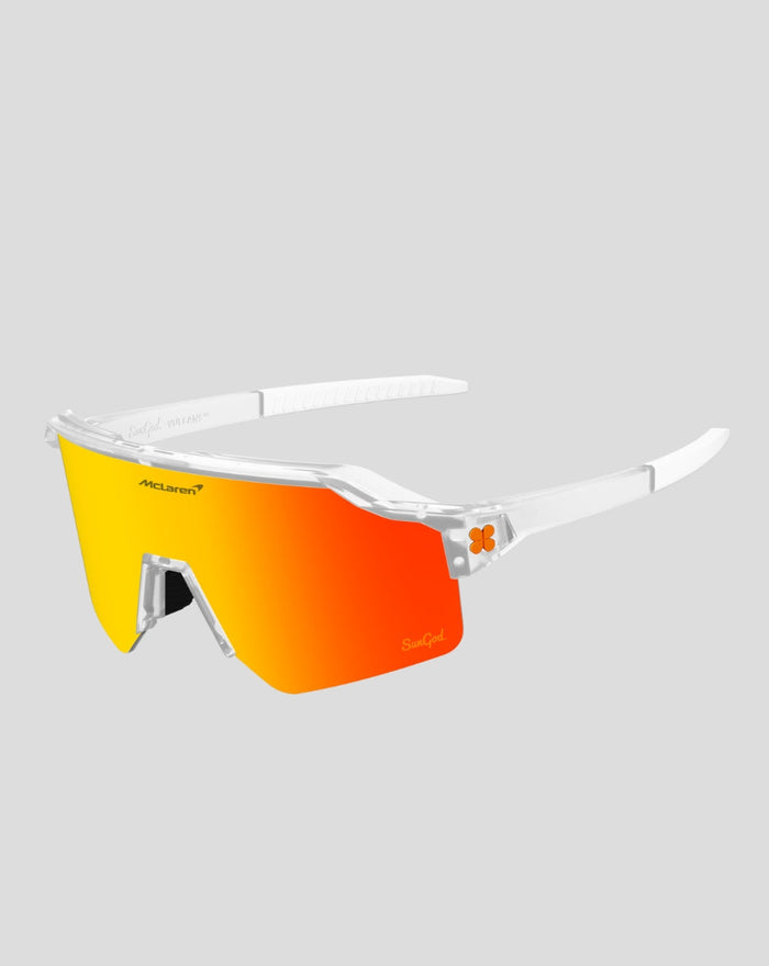 White frame SunGod McLaren Core Vulcans sunglasses with orange yellow gradient lens and side logo