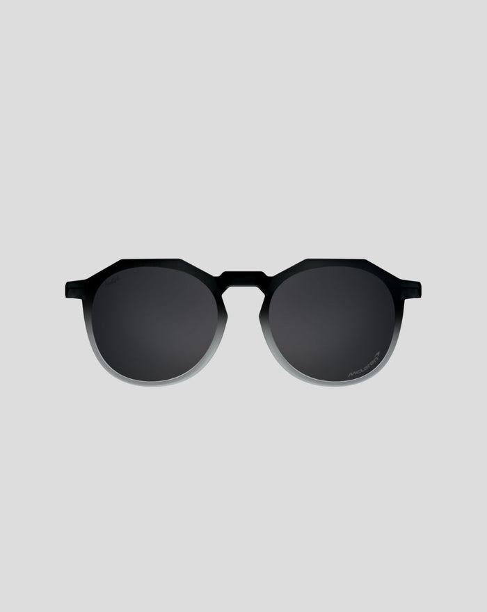 SunGod x McLaren Core Zephyrs sunglasses front view with angular top frame black body dark lenses and silver rim