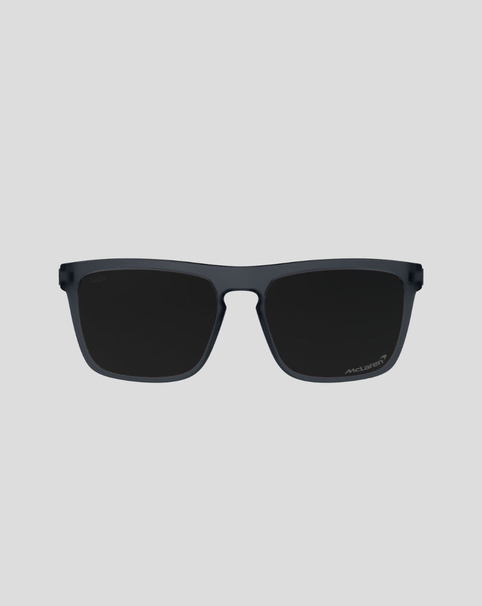Front view of Frosted black SunGod McLaren Renegades Plus sunglasses in dark frame with black lenses and McLaren branding