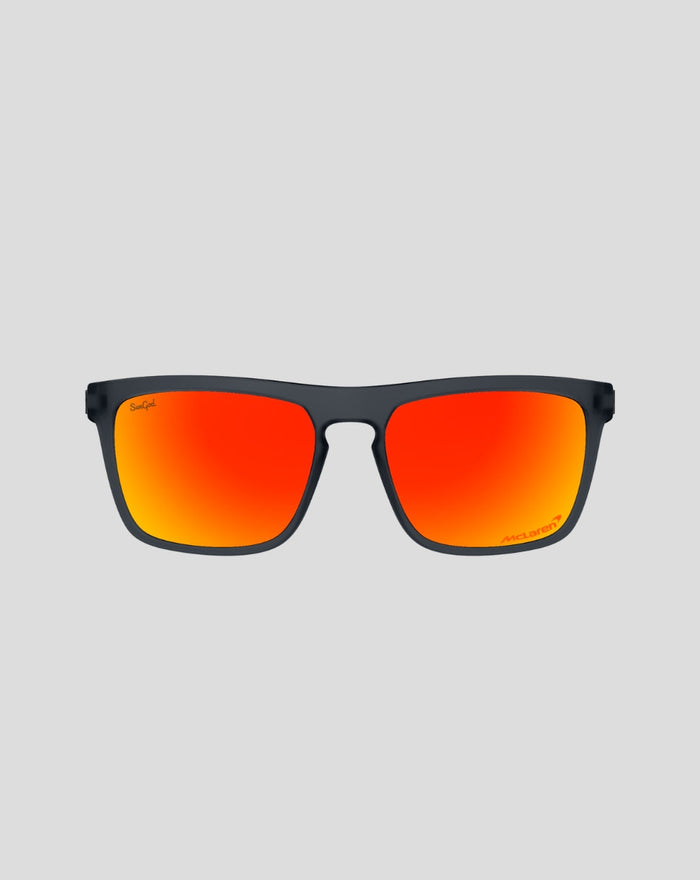 Front view of SunGod x McLaren Renegades sunglasses with frosted black frame and bright orange mirrored lenses.
