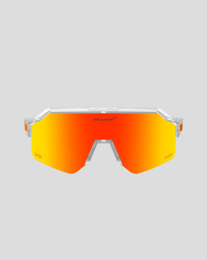 Front view of SunGod x McLaren Core Vulcans sunglasses with orange to yellow gradient visor lens