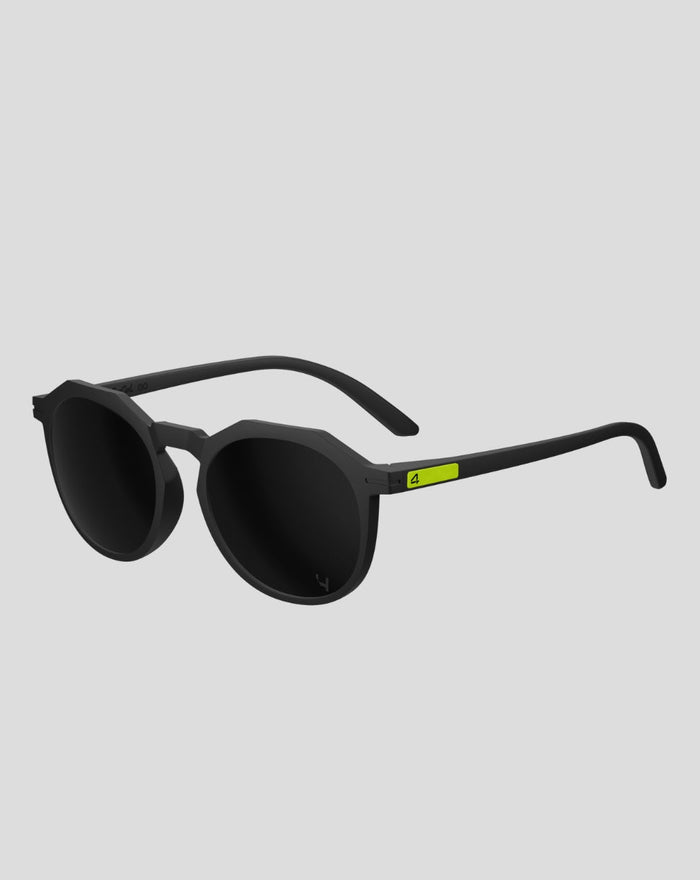 SunGod x McLaren Zephyrs sunglasses in matte black with lime green temple detail seen from the side