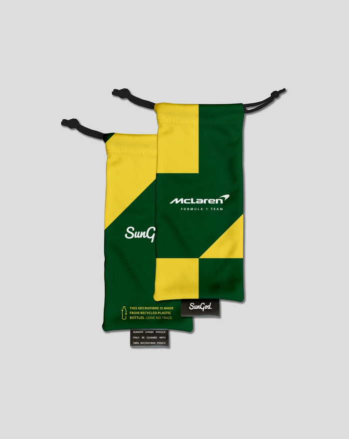 Two green and yellow geometric SunGod drawstring pouches featuring McLaren branding