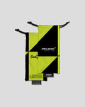 SunGod McLaren Zephyrs sunglasses accessory pouch in neon yellow and black geometric pattern with SunGod tag