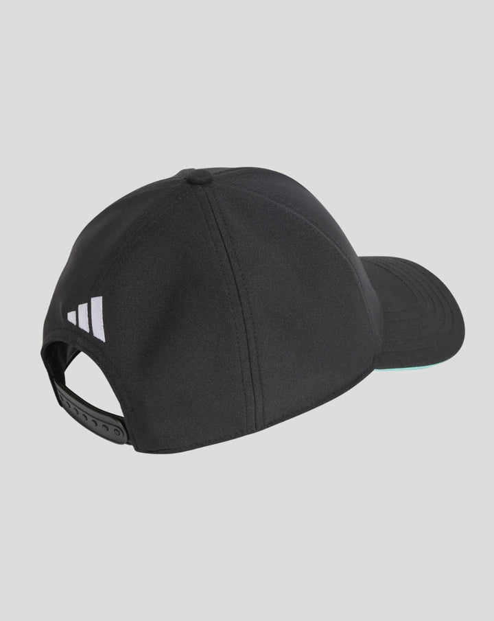Back view of black cap showing white Adidas logo on the side and a plastic snapback closure.