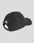 Back view of black cap showing white Adidas logo on the side and a plastic snapback closure.