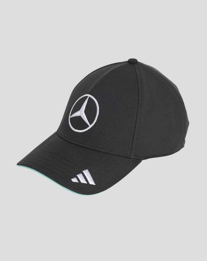 Black Mercedes AMG Petronas F1 cap with a white Mercedes logo on the front and Adidas emblem on the brim.