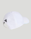 White driver cap viewed from the back with a black Adidas logo on the side