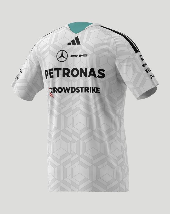 Back view of white Mercedes AMG Petronas F1 Team Driver T shirt with PETRONAS and sponsor branding on a geometric pattern