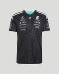 Full front view of black Mercedes F1 team driver T shirt with geometric pattern and sponsor logos on chest and sleeves.