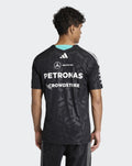 Back view of black Mercedes AMG Petronas F1 Team Driver T-Shirt featuring PETRONAS logo and sponsors.