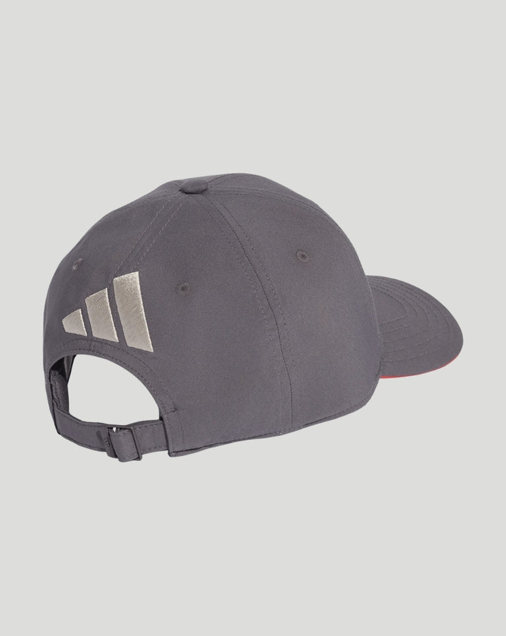 Rear view of grey unisex Audi Team cap with adjustable strap and metallic three-bar accent