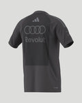 Back view of dark grey Audi F1 Team men's driver t shirt with large Revolut logo and Audi rings across the upper back