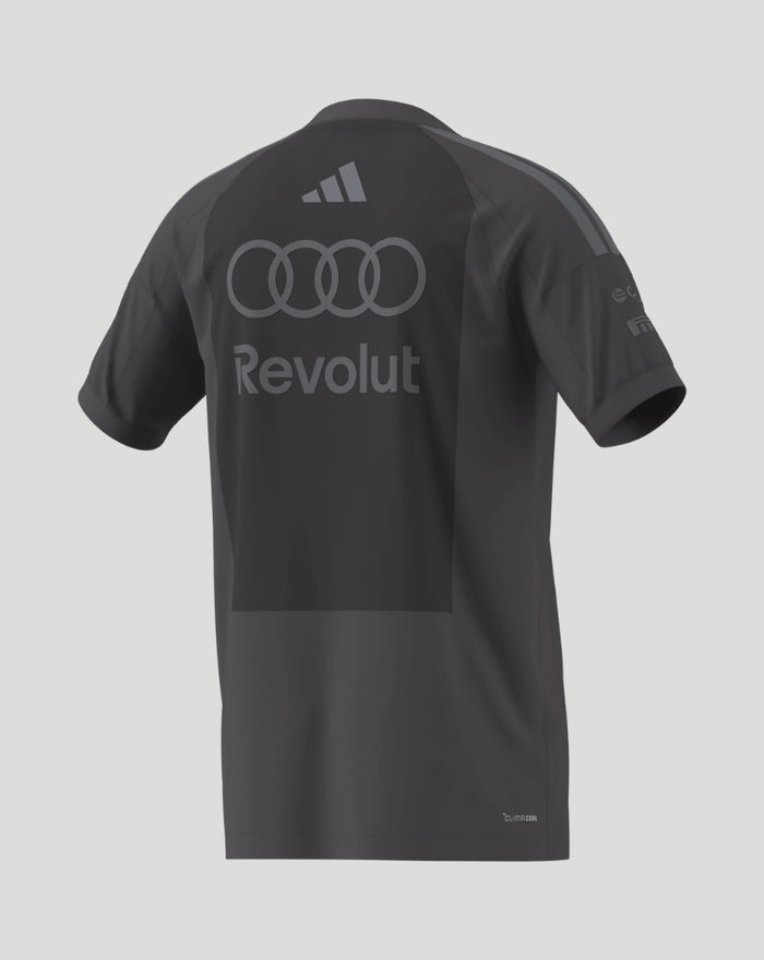 Back view of dark grey Audi F1 Team men's driver t shirt with large Revolut logo and Audi rings across the upper back