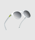 Close up of SunGod Zephyrs sunglasses frosted clear frame chrome lenses and a Lando Neon logo plate on the temple