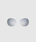 Low angle view of SunGod Zephyrs sunglasses frosted clear frame chrome lenses with lime neon temple accent