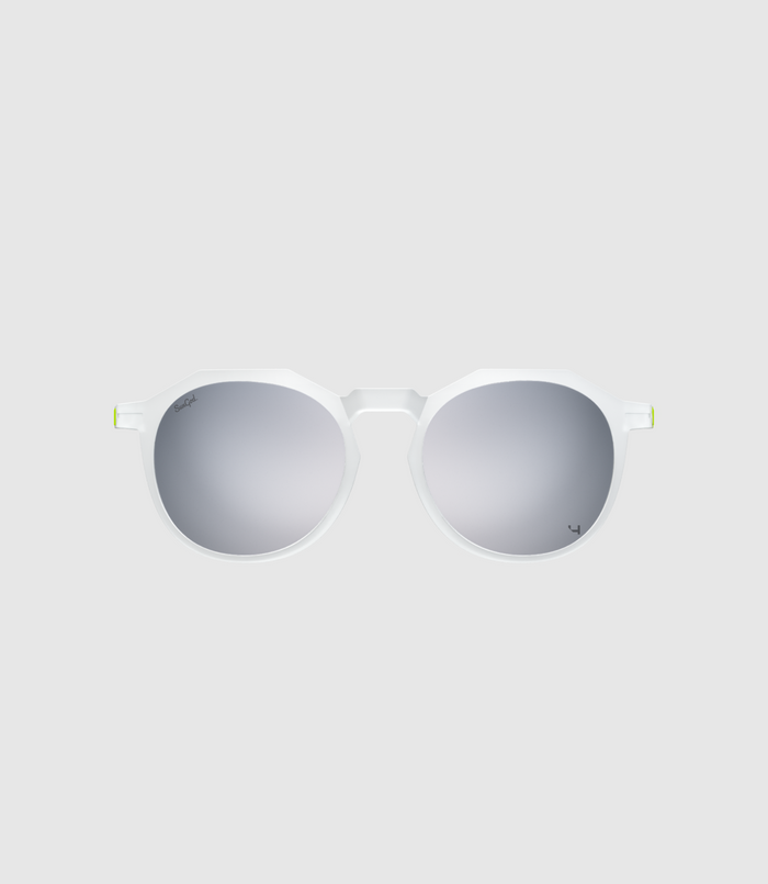Low angle view of SunGod Zephyrs sunglasses frosted clear frame chrome lenses with lime neon temple accent