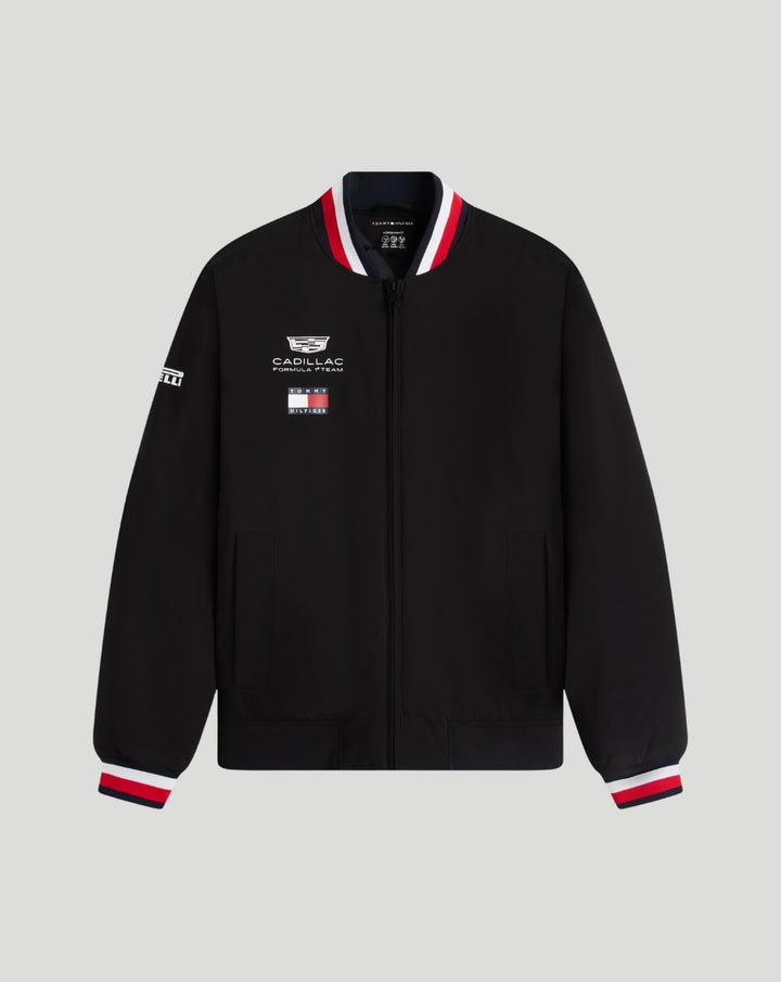 Front view of black Tommy Hilfiger Cadillac F1 varsity jacket with Cadillac Formula 1 Team branding on chest and collar