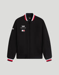 Front view of black Tommy Hilfiger Cadillac F1 varsity jacket with Cadillac Formula 1 Team branding on chest and collar