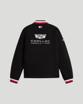 Back view of black Tommy Hilfiger Cadillac F1 varsity jacket with large Cadillac Formula 1 Team graphic