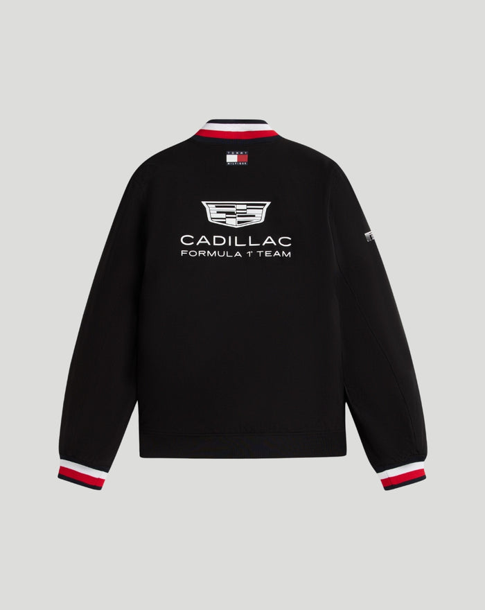 Back view of black Tommy Hilfiger Cadillac F1 varsity jacket with large Cadillac Formula 1 Team graphic