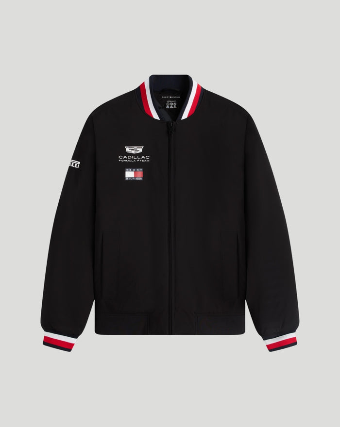 Front view of black Tommy Hilfiger Cadillac F1 varsity jacket with Cadillac Formula 1 Team branding on chest and collar