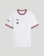 White Tommy Hilfiger X Cadillac F1 Team T shirt with Cadillac crest and flag patch on chest and striped collar