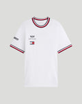 White Tommy Hilfiger X Cadillac F1 Team T shirt with Cadillac crest and flag patch on chest and striped collar