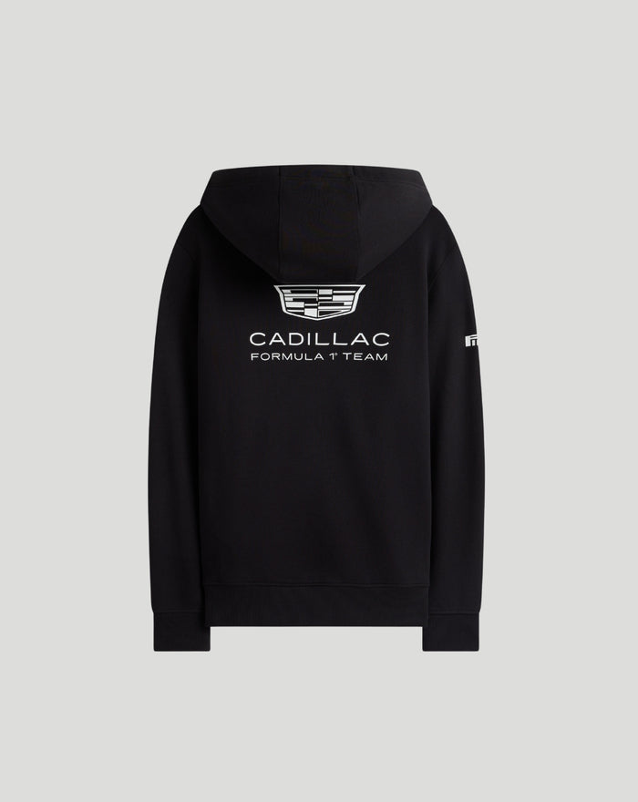 Back view of black Cadillac F1 Team hoodie with large white Cadillac emblem and FORMULA 1 TEAM text.