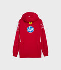 Red Ferrari HP 2025 team hoodie shown from the front with large HP logo on the chest and sponsor patches