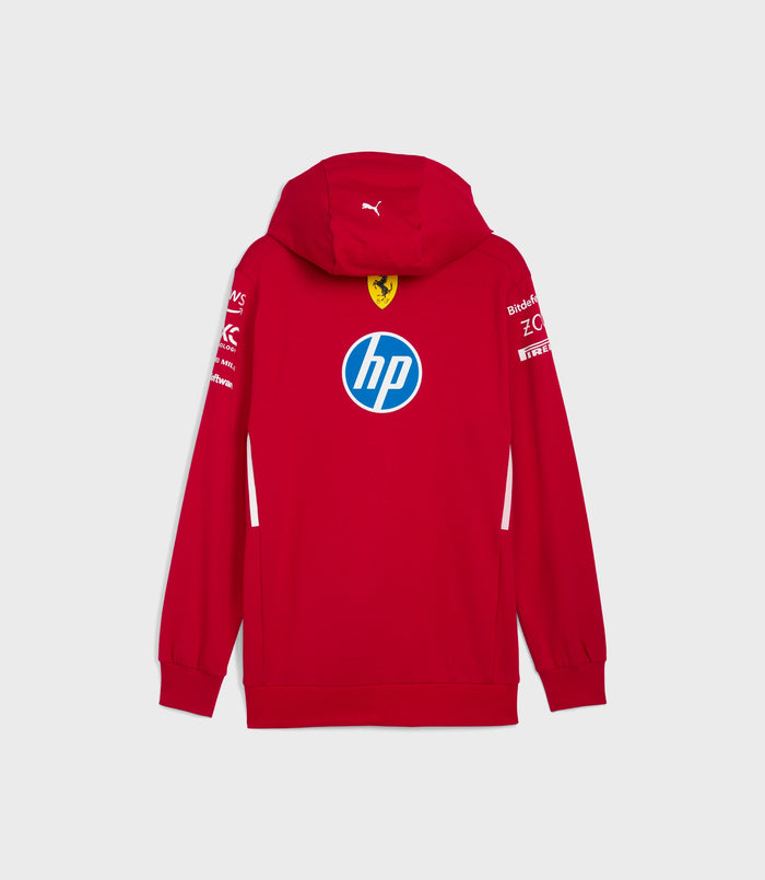 Red Ferrari HP 2025 team hoodie shown from the front with large HP logo on the chest and sponsor patches