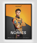 Framed McLaren Lando Norris Driver Series poster with Norris in an orange racing suit on a bright papaya backdrop.