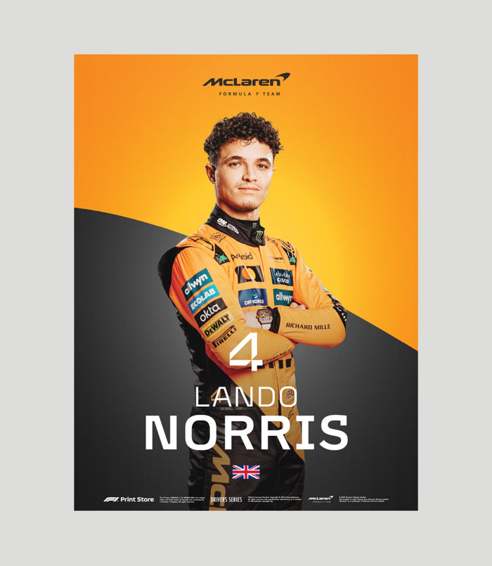 Official McLaren Lando Norris Driver Series poster featuring Norris in full race kit against a papaya and black backdrop.