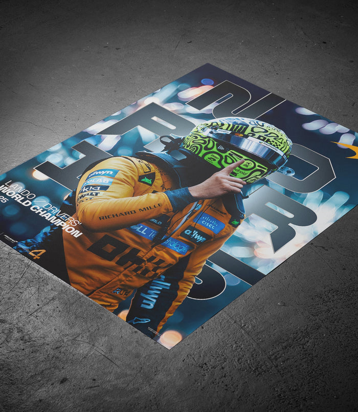 Lando Norris 2025 World Champion poster showing a helmeted driver in an orange racing suit against a dark background