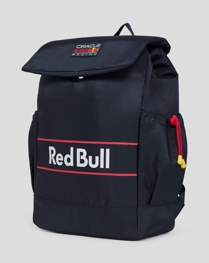 Close up of the navy backpack front showing the Oracle Red Bull Racing patch on the flap