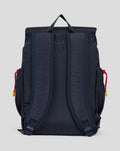 Back view of Oracle Red Bull Racing backpack with navy straps and top handle