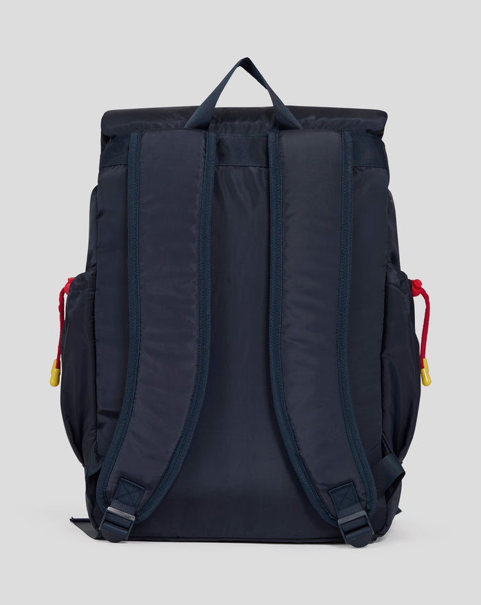 Back view of Oracle Red Bull Racing backpack with navy straps and top handle
