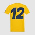 Back view of yellow Ayrton Senna Retro Stripe T shirt with a large navy graphic print