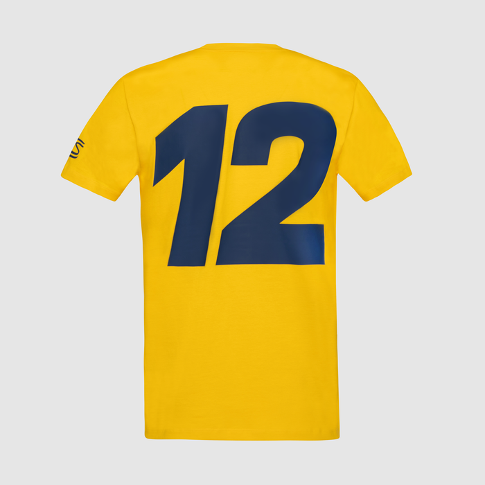 Back view of yellow Ayrton Senna Retro Stripe T shirt with a large navy graphic print
