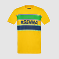 Front view of yellow Ayrton Senna Retro Stripe T Shirt with bold blue panel and the hashtag #SENNA across the chest