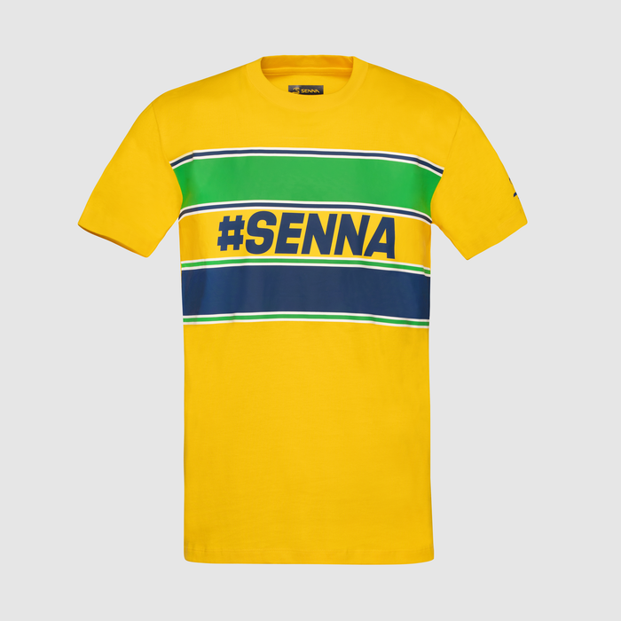 Front view of yellow Ayrton Senna Retro Stripe T Shirt with bold blue panel and the hashtag #SENNA across the chest