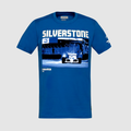 Blue F1 circuit graphic T shirt with Silverstone text and race car image and a Senna S logo patch