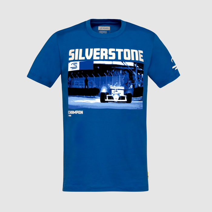 Blue F1 circuit graphic T shirt with Silverstone text and race car image and a Senna S logo patch